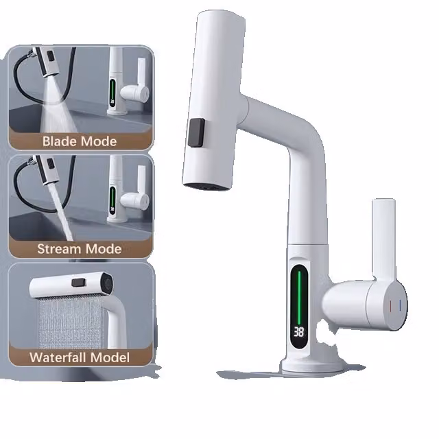 Rubinetto da cucina, display digitale intelligente, funzione estraibile, bianco