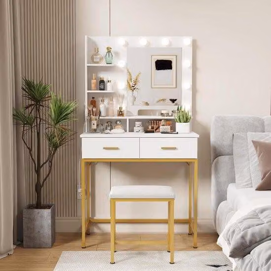 Toeletta con specchio, illuminazione a luminosità regolabile, 2 cassetti, panca - Bianco