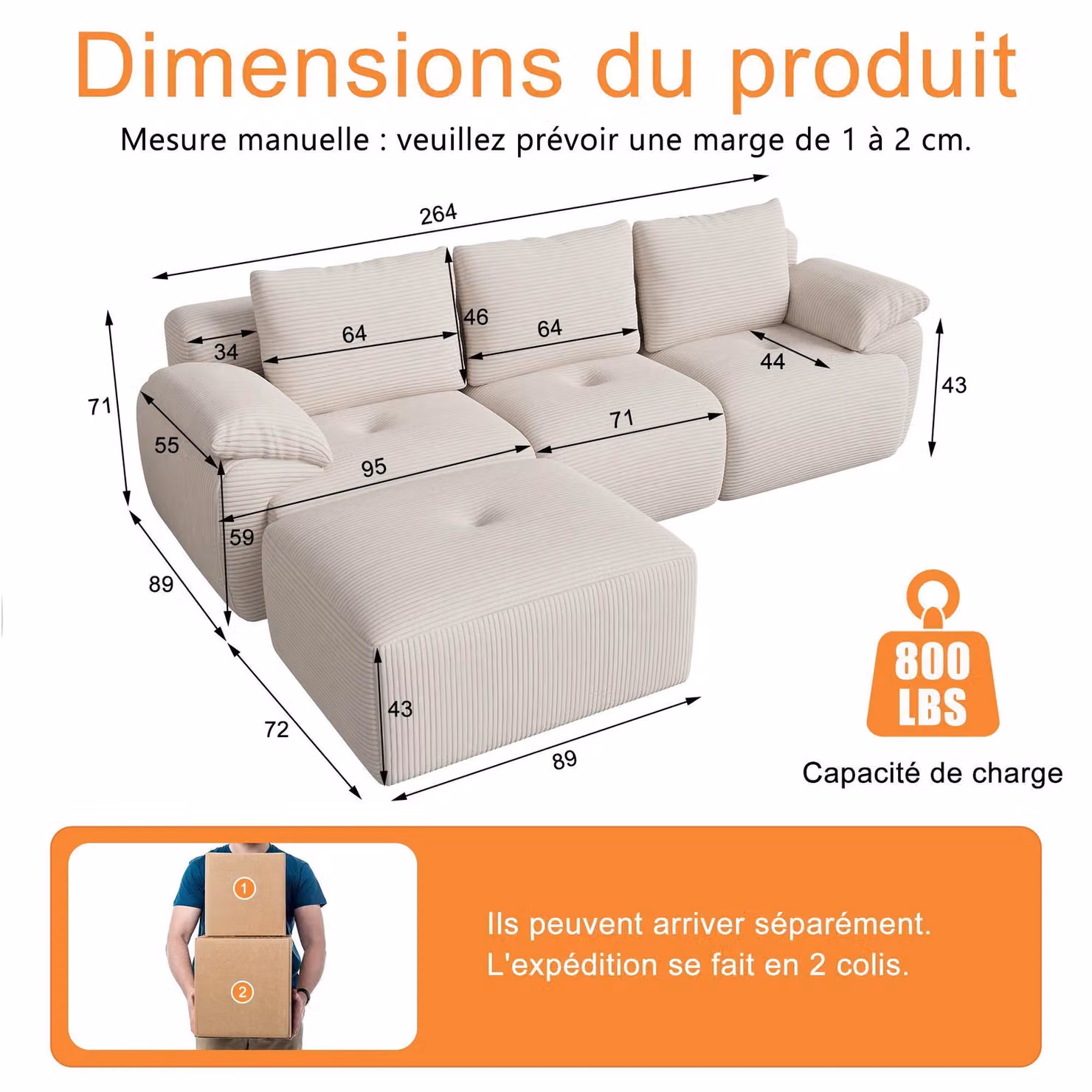 Divano angolare modulare - Divano letto a forma di L - Con chaise longue - Seduta profonda - Modello a 2 posti, lunghezza 200–240 cm - Rivestimento in velluto - Stile scandinavo - Colore beige