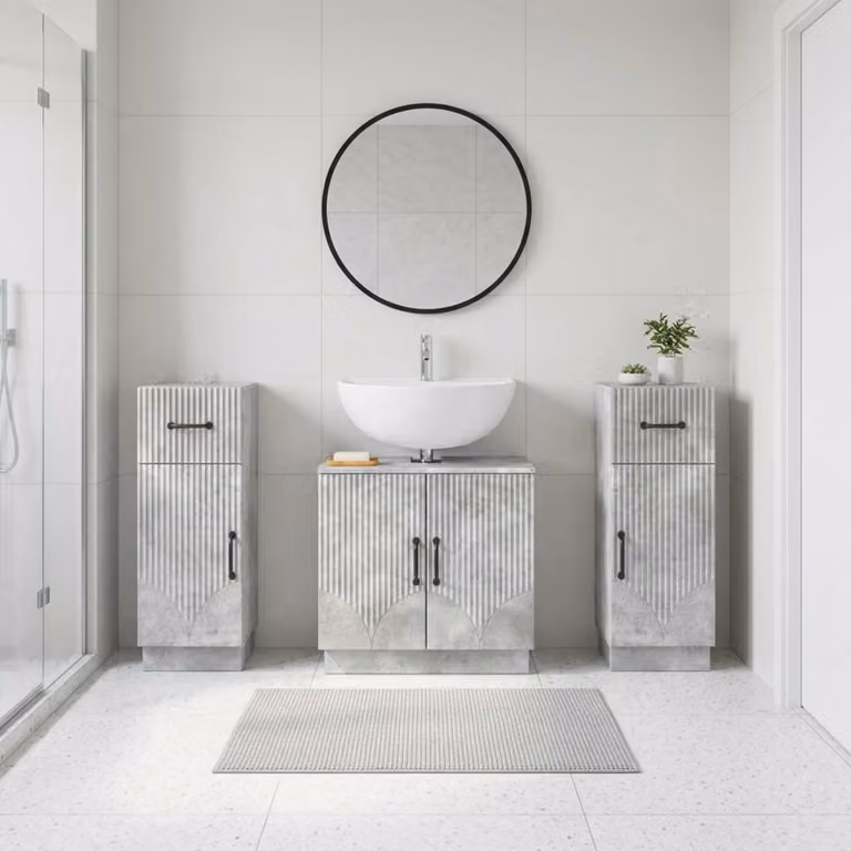 Set di mobili da bagno vidaXL HOORN in 3 pezzi, design minimalista, colore grigio cemento opaco