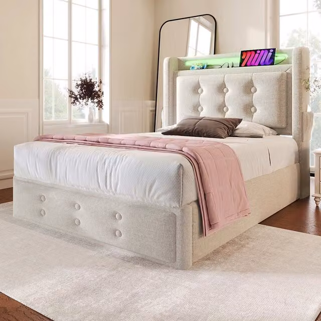 Letto a cassone per adulti 90x200 cm - Xylo - Testiera LED USB C, rete a doghe, Beige