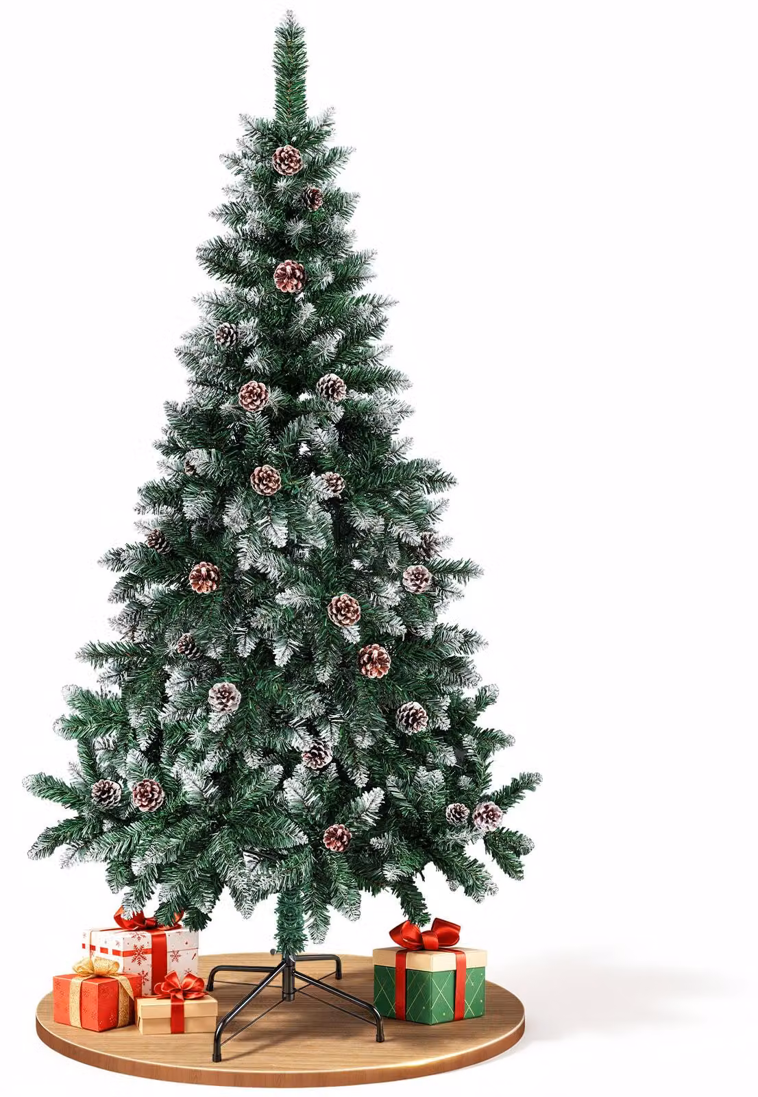 Albero di Natale artificiale Ikodm, altezza 180 cm, con decorazioni a neve, 500 punte, 28 pigne, realizzato in plastica con supporto in metallo