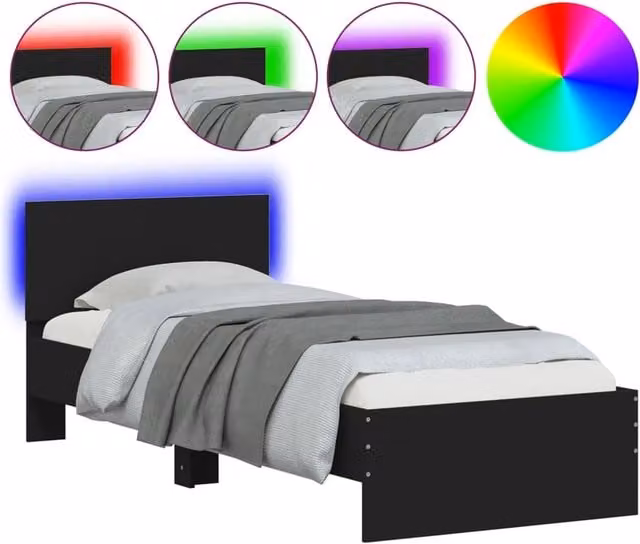 Letto singolo moderno nero con testiera, illuminazione LED sottostante e porta di ricarica USB, L: 70 cm, P: 193 cm, H: 80 cm