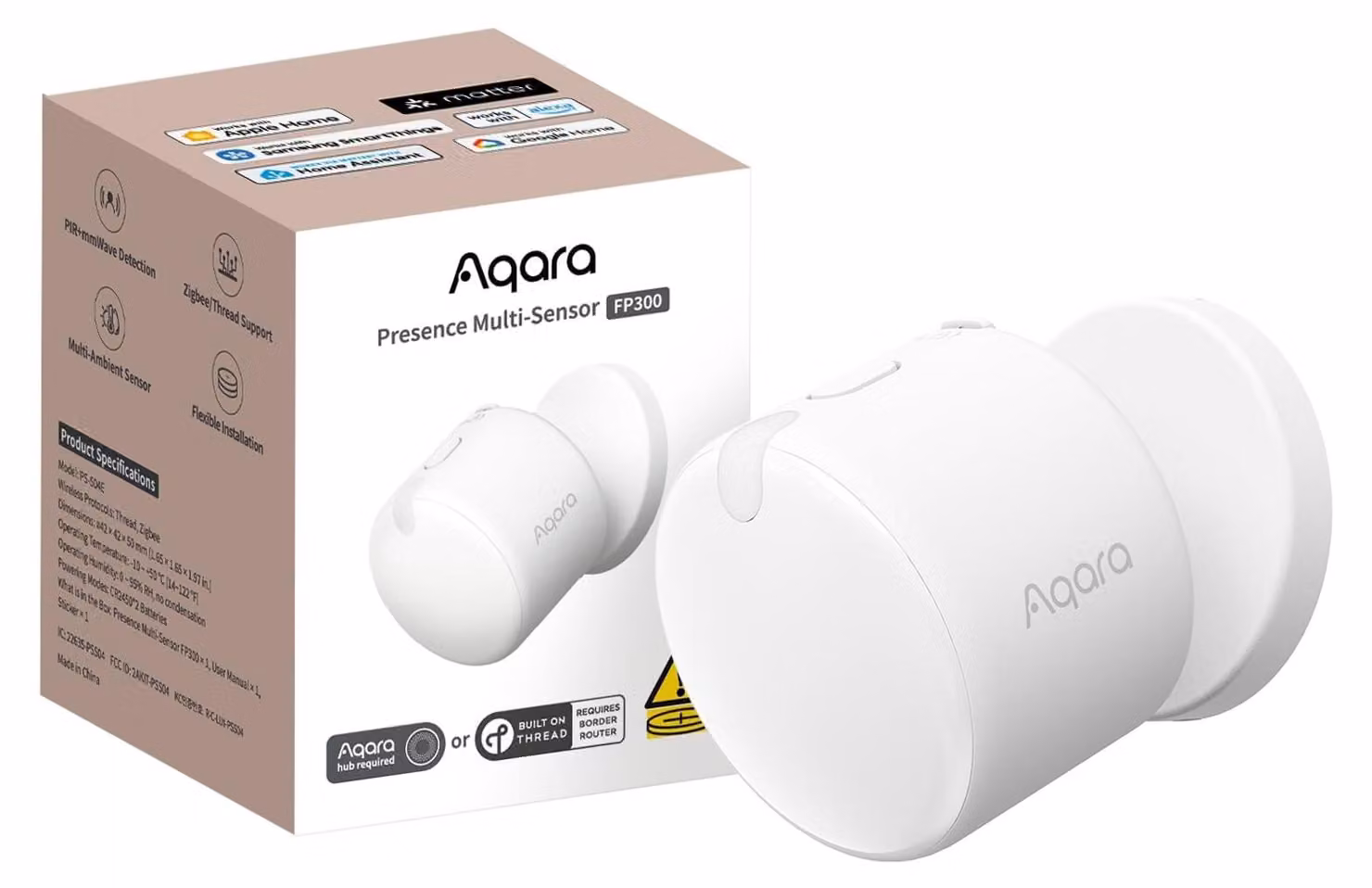 Sensore di presenza wireless FP300 - mmWave 60 GHz - PIR - Matter e Zigbee - Alimentato a batteria CR2450 - Campo visivo 120° - Portata 6 m