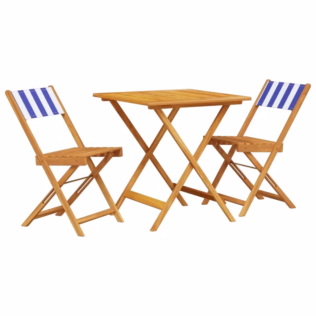Set da Bistrot vidaXL 3pz in Legno di Acacia Olio con Tessuto a Righe Blu e Bianco – 2