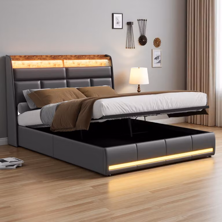 Letto imbottito Fortuna Lai 160x200 cm, LED, USB, contenitore, rete a doghe, letto per ragazzi in ecopelle, nero