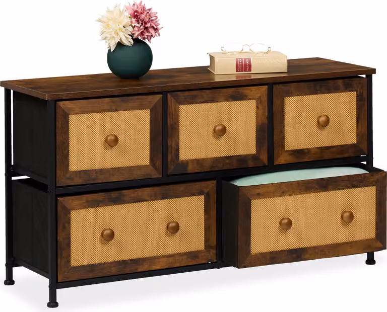 Comodà Relaxdays, 5 cassetti, effetto rattan, ingresso, camera da letto, L x P x A 54,5 x 100 x 32,5 cm, credenza, metallo, marrone/nero