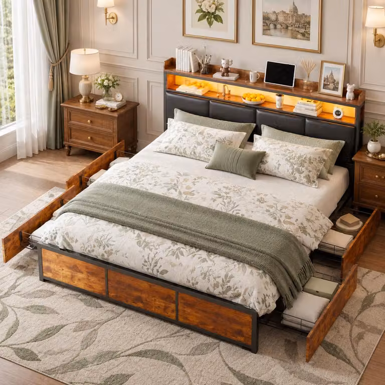Letto imbottito INONEFT, 180 × 200 cm, letto matrimoniale con 4 cassetti e testiera, letto per adulti con LED e rete a doghe, imbottito, realizzato in PU