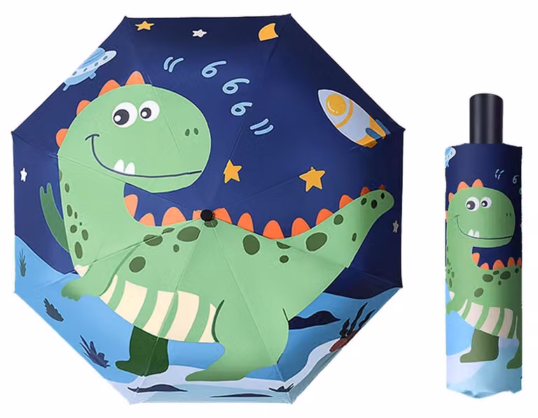 Ombrello pieghevole per bambini, design a tema dinosauro verde, apertura manuale, resistente al vento, impermeabile, protezione solare, diametro 99 cm