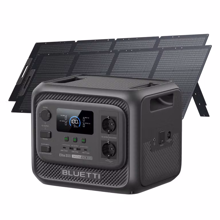 Centralina di alimentazione BLUETTI Elite 300 con 2 pannelli PV200, capacità di 3014 Wh, ideale per camper e uso domestico