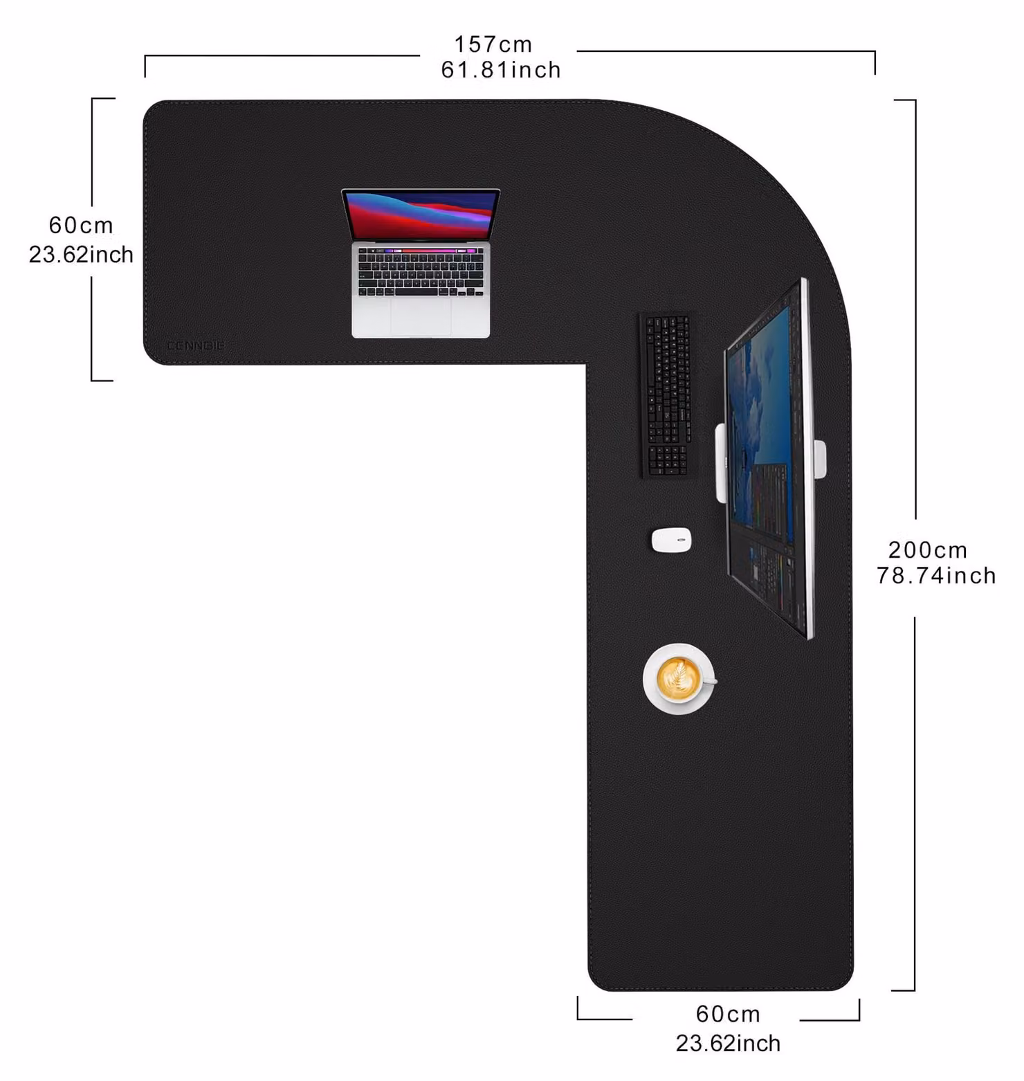 Solidchoice - Tappetino per scrivania a forma di L, in ecopelle, 157+200 x 60 cm, colore nero