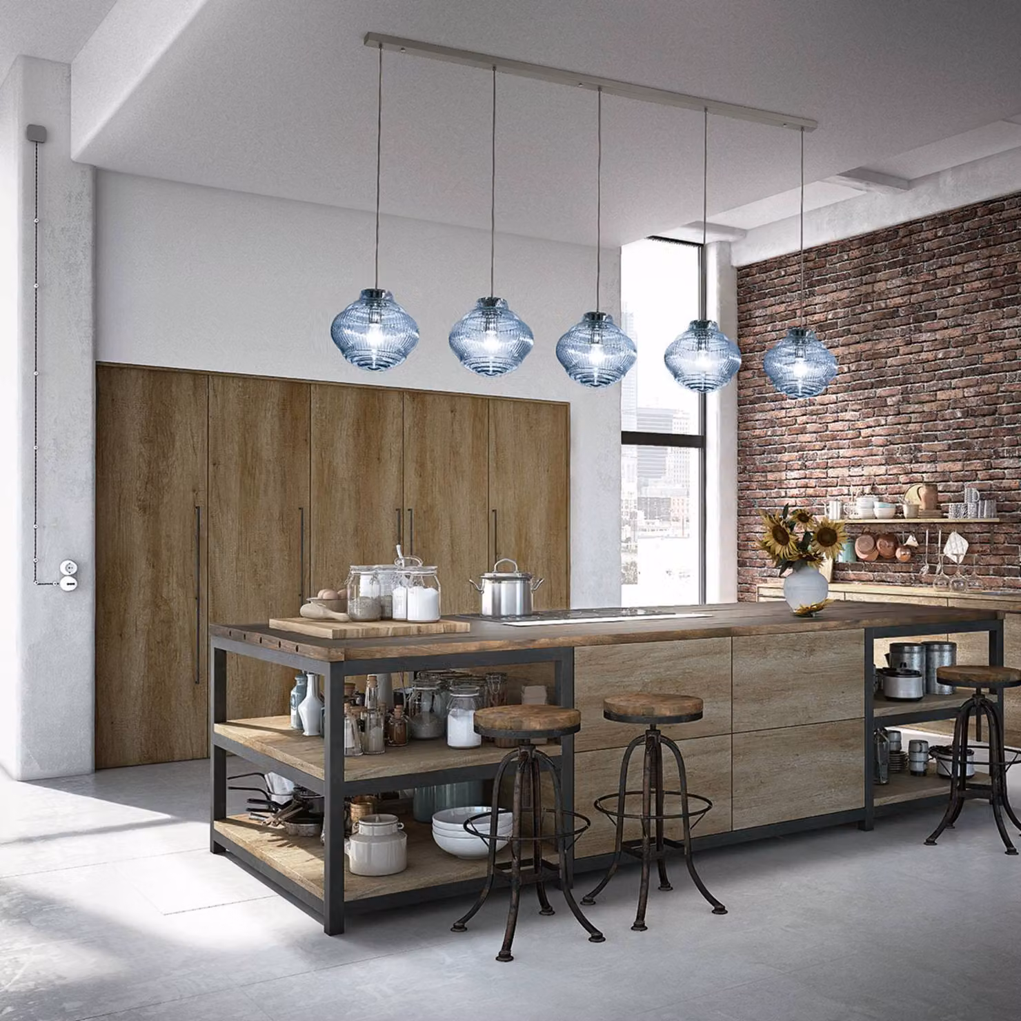 AILATI Lampada a sospensione in vetro Bonnie, dimmerabile, Blu, Soggiorno / Sala da pranzo, Vetro, Moderno, Lampada a sospensione