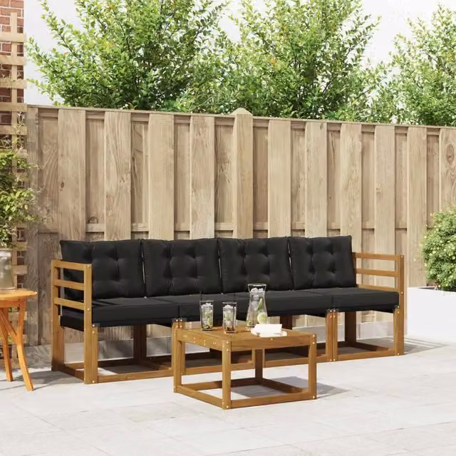 Set di mobili da giardino vidaXL composto da 5 pezzi con divano a 3 posti, poltrone e tavolino da caffè in legno di acacia trattato e tessuto textilene, colore marrone e nero – 1