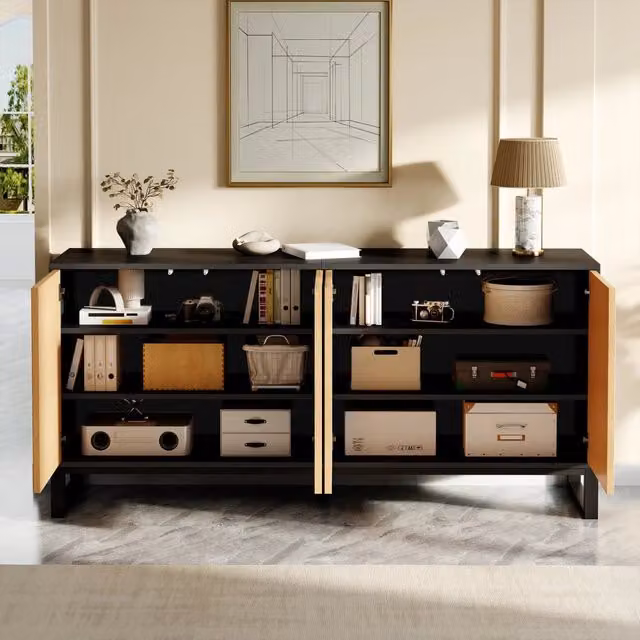 Credenza Moderna 160 cm Mobile Scarpiera Ingresso 4 Ante Ripiani Regolabili Nero e Naturale