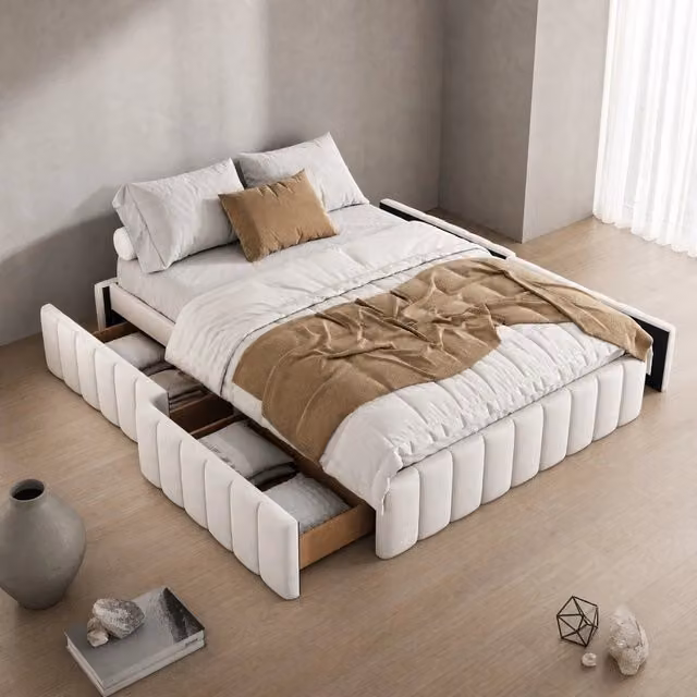 Letto imbottito 140x200 cm beige in velluto, 4 cassetti e rete a doghe, senza materasso