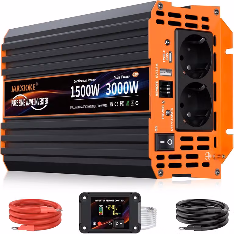 Convertitore, 24 V a 230 V, 1500 W, onda sinusoidale pura, con telecomando LCD, porte USB, porta di tipo C, 2 prese di corrente AC, ideale per impianti solari