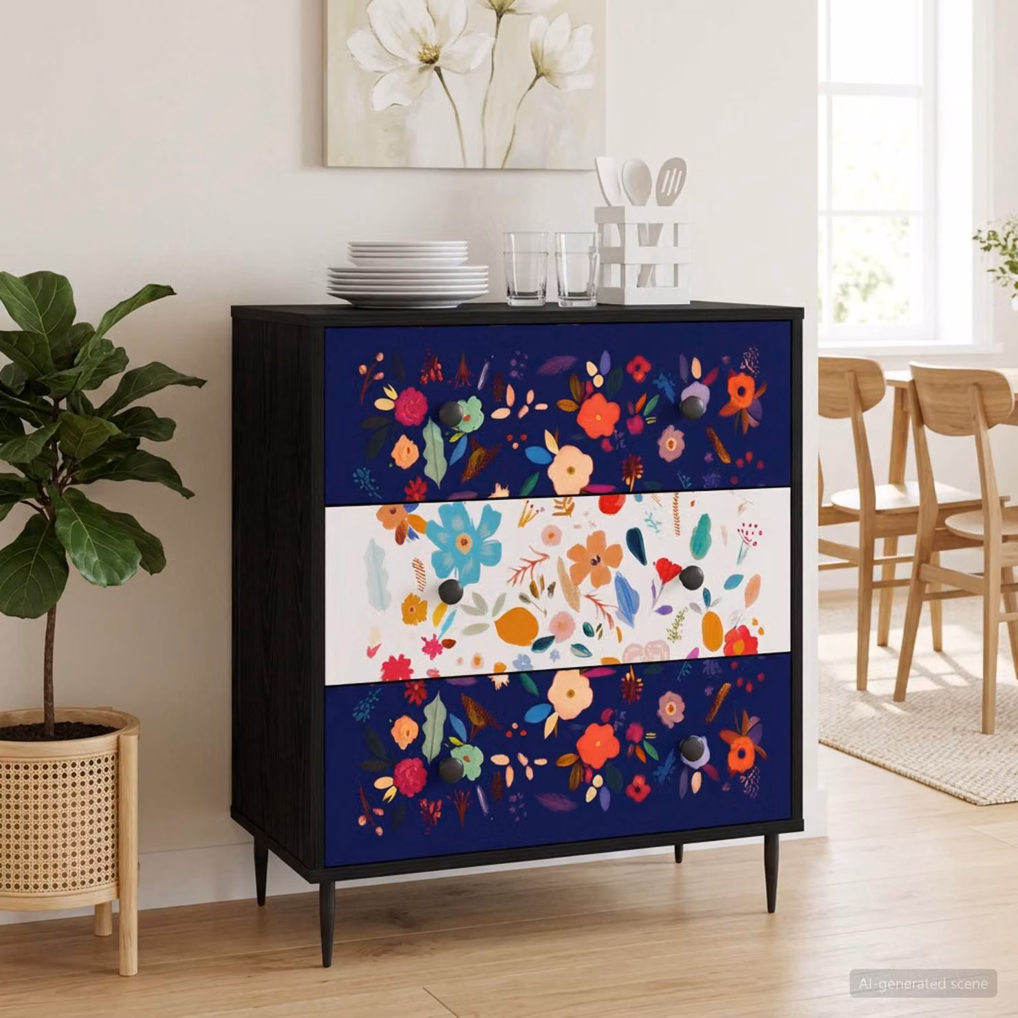 Cassettiera vidaXL MAINZ con stampa floreale, Rovere Nero e Multicolore, L: 66 cm, P: 36,5 cm, H: 76 cm