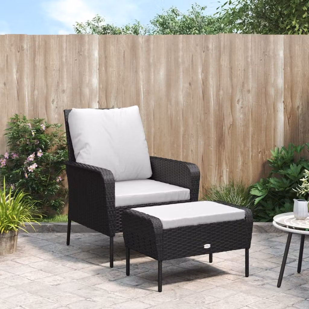 vidaXL Poltrona da Giardino con Poggiapiedi in Polyrattan Nero e Struttura in Metallo
