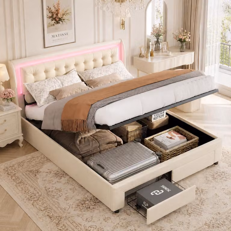 Letto imbottito INONEFT 140x190 cm con LED, letto matrimoniale con sistema idraulico, contenitore e cassetti, letto a molle con contenitore e rete a doghe, rivestito in velluto color beige