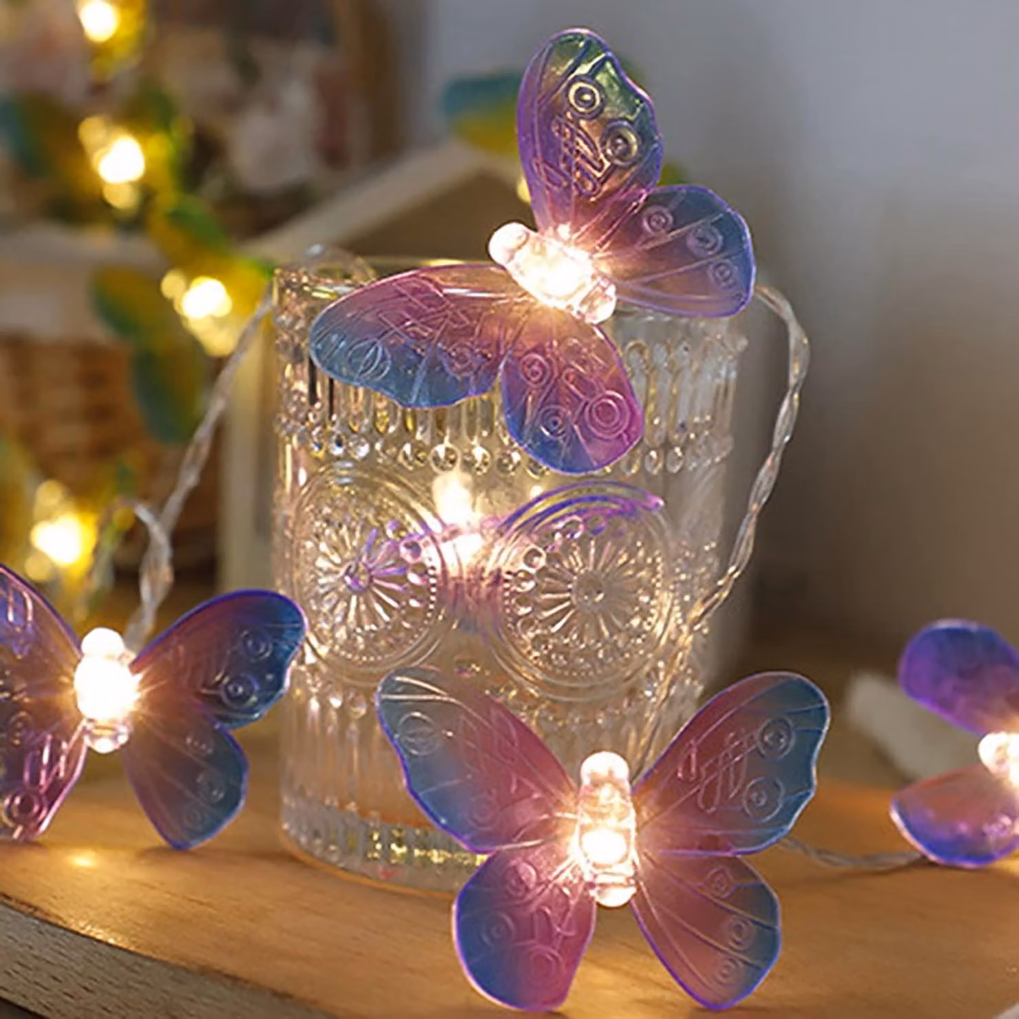 Catena luminosa a forma di farfalla LED, 3 metri, 20 LED bianco caldo, color viola, alimentata a batteria