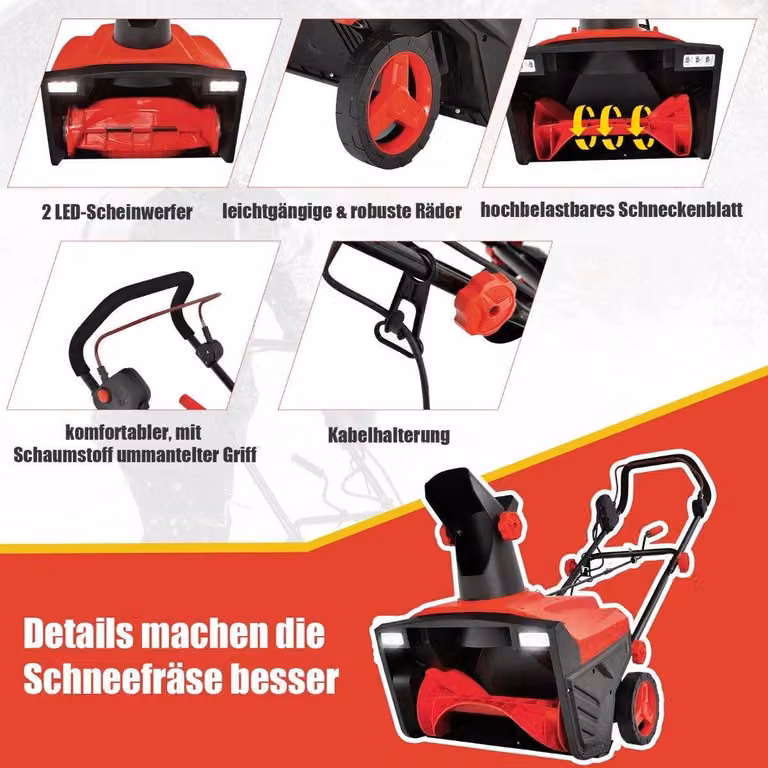 Spazzaneve elettrico con luci a LED e motore da 15 A, larghezza di lavoro 50 cm, altezza di lavoro 25 cm, rosso + nero