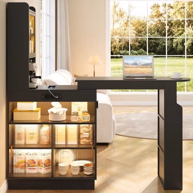 Desviae Tavolo bar estensibile con mobili contenitore vetro LED prese USB e USB-C MDF nero 131–170 × 40 × 170 cm