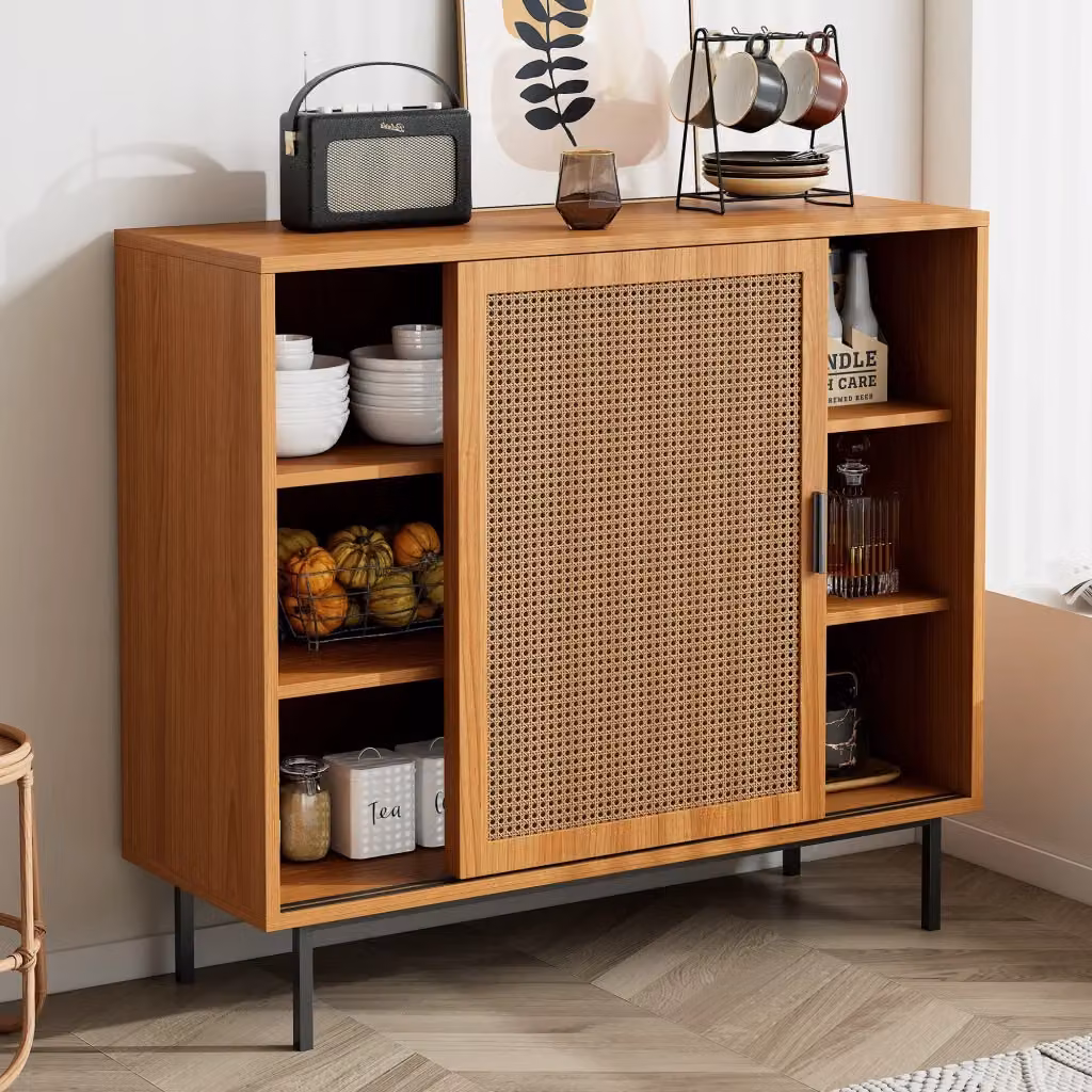 Credenza moderna con 2 ante scorrevoli e 3 ripiani in noce marrone per soggiorno e sala da pranzo L: 100 cm, H: 90 cm, P: 37 cm – 2