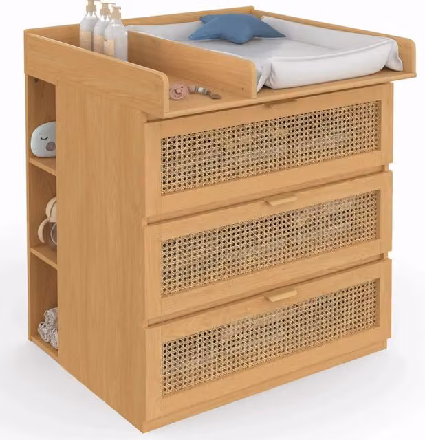 IDMarket - Comò fasciatoio evolutivo EDHEN in legno e vimini con 3 cassetti, piano fasciatoio e 2 ripiani rimovibili