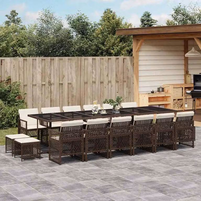 Set da Pranzo da Giardino vidaXL 17 pz in Polyrattan Marrone e Bianco con Cuscini e Tavolo in Vetro
