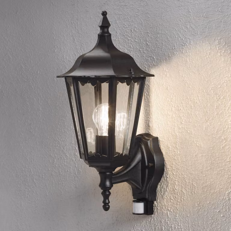 Konstsmide Applique esterni Firenze, dritta, sensore, nero FIRENZE, Nero, Vetro, Campagna / Rustiche