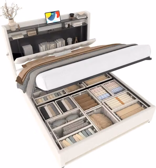 Letto contenitore matrimoniale Chicfurn in velluto beige con testiera apribile, ripiano, illuminazione LED e porte USB e Type-C, L/P: 160 x 200 cm