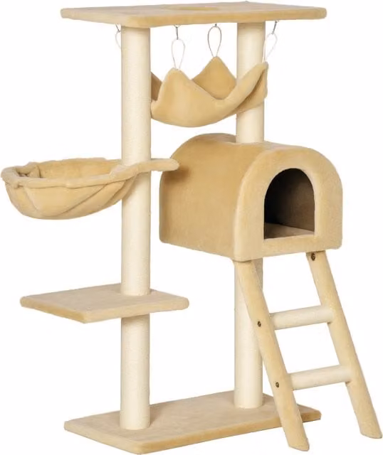 Albero Tiragraffi per Gatti Aosom con Amaca e Casetta, Beige, Altezza: 98 cm – 1