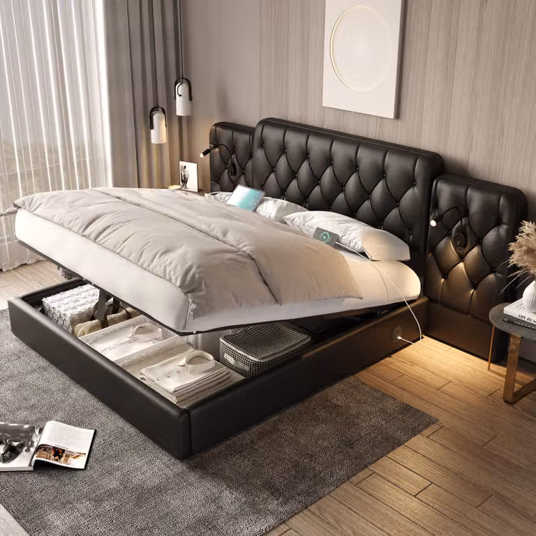 Letto imbottito STILVORA 160x200 cm con sistema idraulico, letto matrimoniale con testiera in stile europeo, struttura imbottita con contenitore, lampade da lettura e presa USB, nero (materasso escluso)