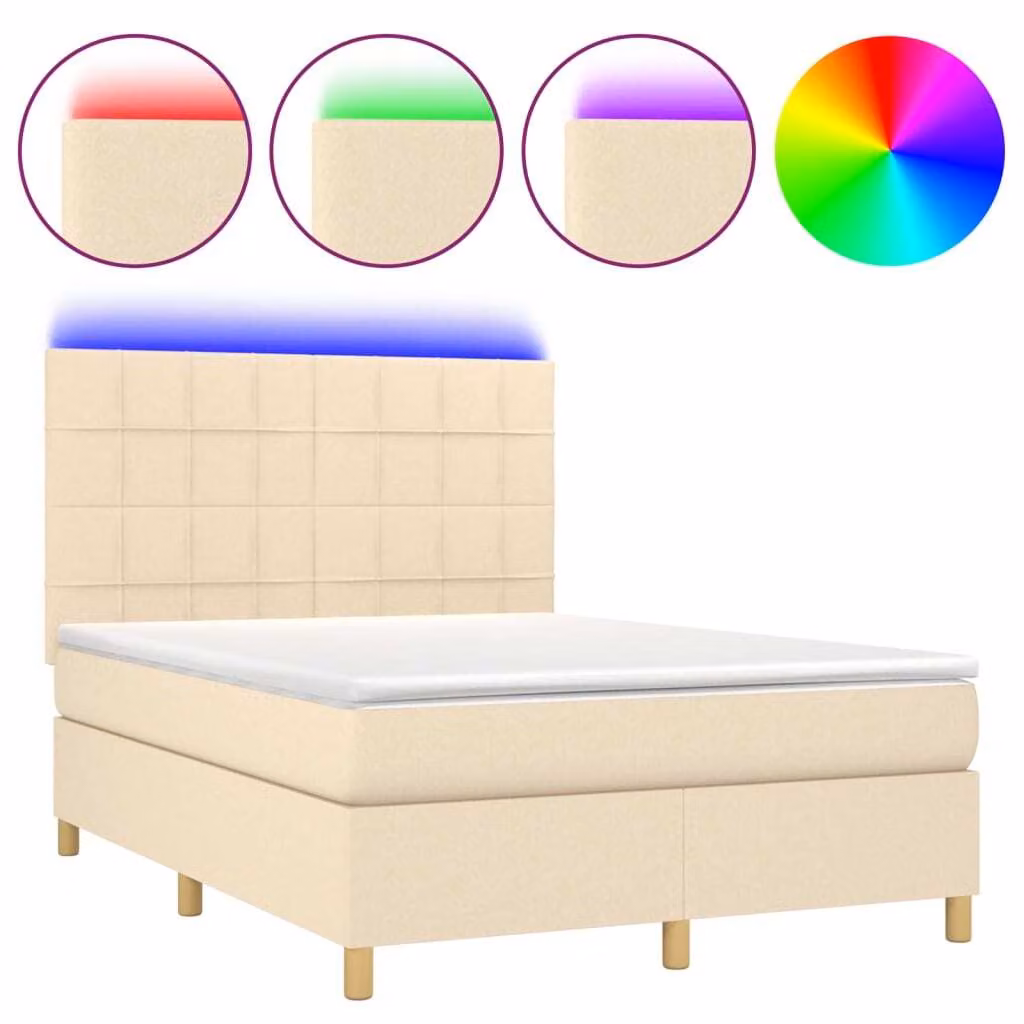 Letto a Molle con Materasso e LED Crema 140x200 cm in Tessuto