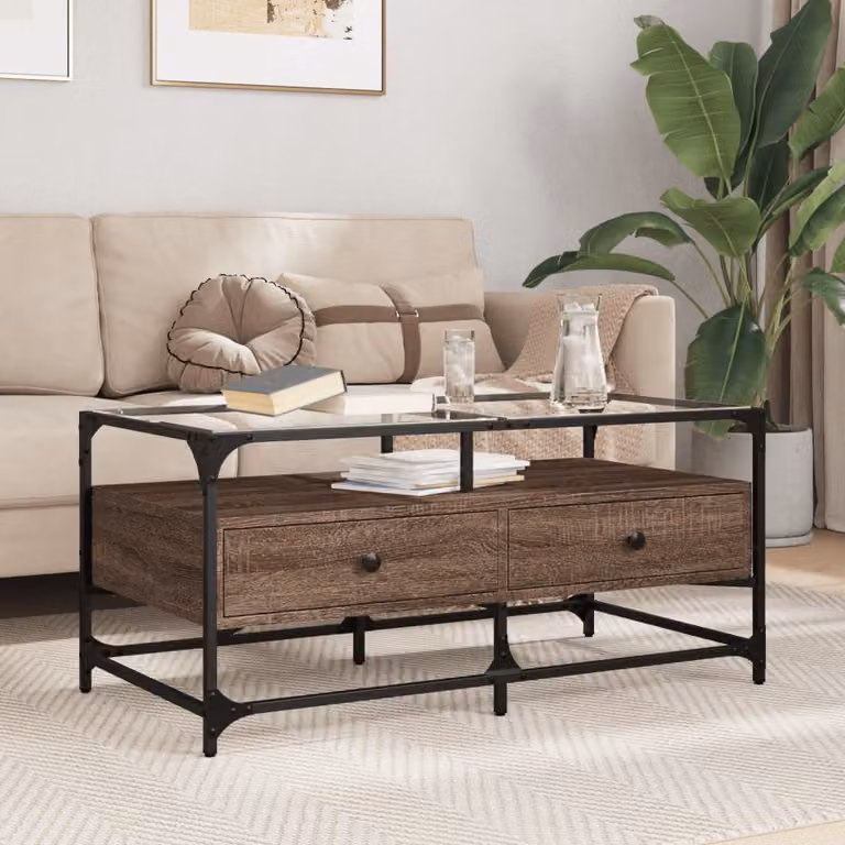 vidaXL Tavolino da soggiorno rettangolare con piano in vetro e struttura in legno rovere marrone e metallo L: 98,5 cm, P: 50 cm, H: 45 cm