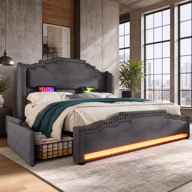 Letto matrimoniale 160 × 200 cm con 4 cassetti LED porte USB e USB-C in velluto grigio con rete a doghe