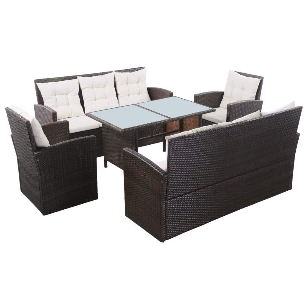 set 5 pezzi da giardino con cuscini in poly rattan marrone