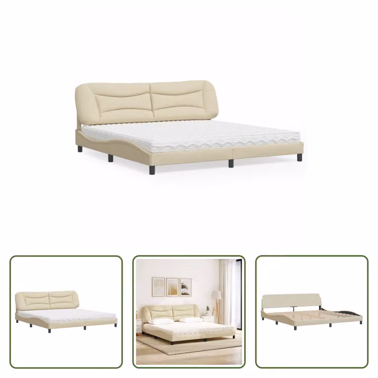 The Living Store Letto con materasso crema 200x200 cm in tessuto