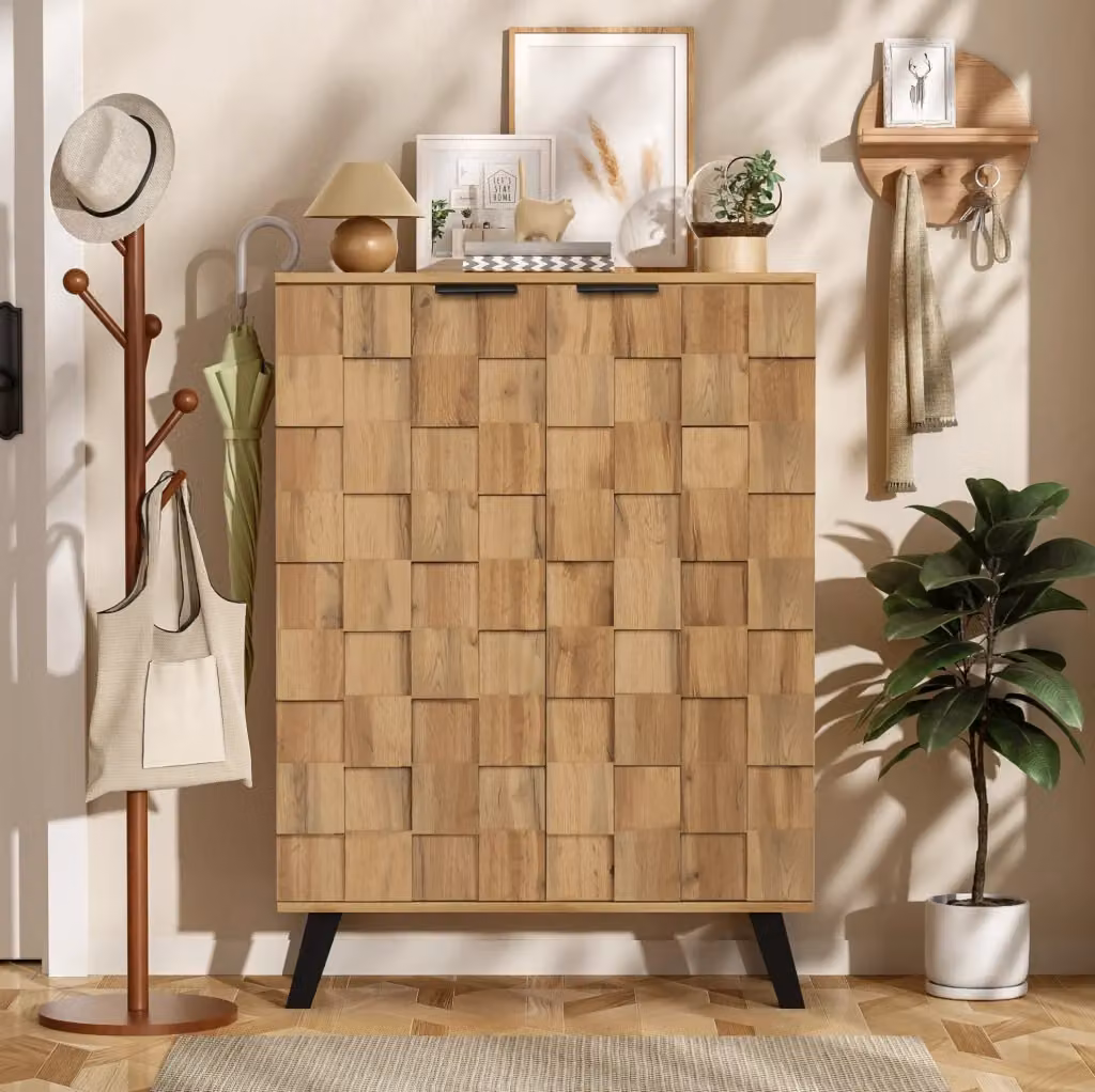 Scarpiera moderna in legno con ante soft-close e ripiani interni, disponibile in marrone o nero, L: 80,5 cm, P: 35 cm, H: 109,5 cm – 2