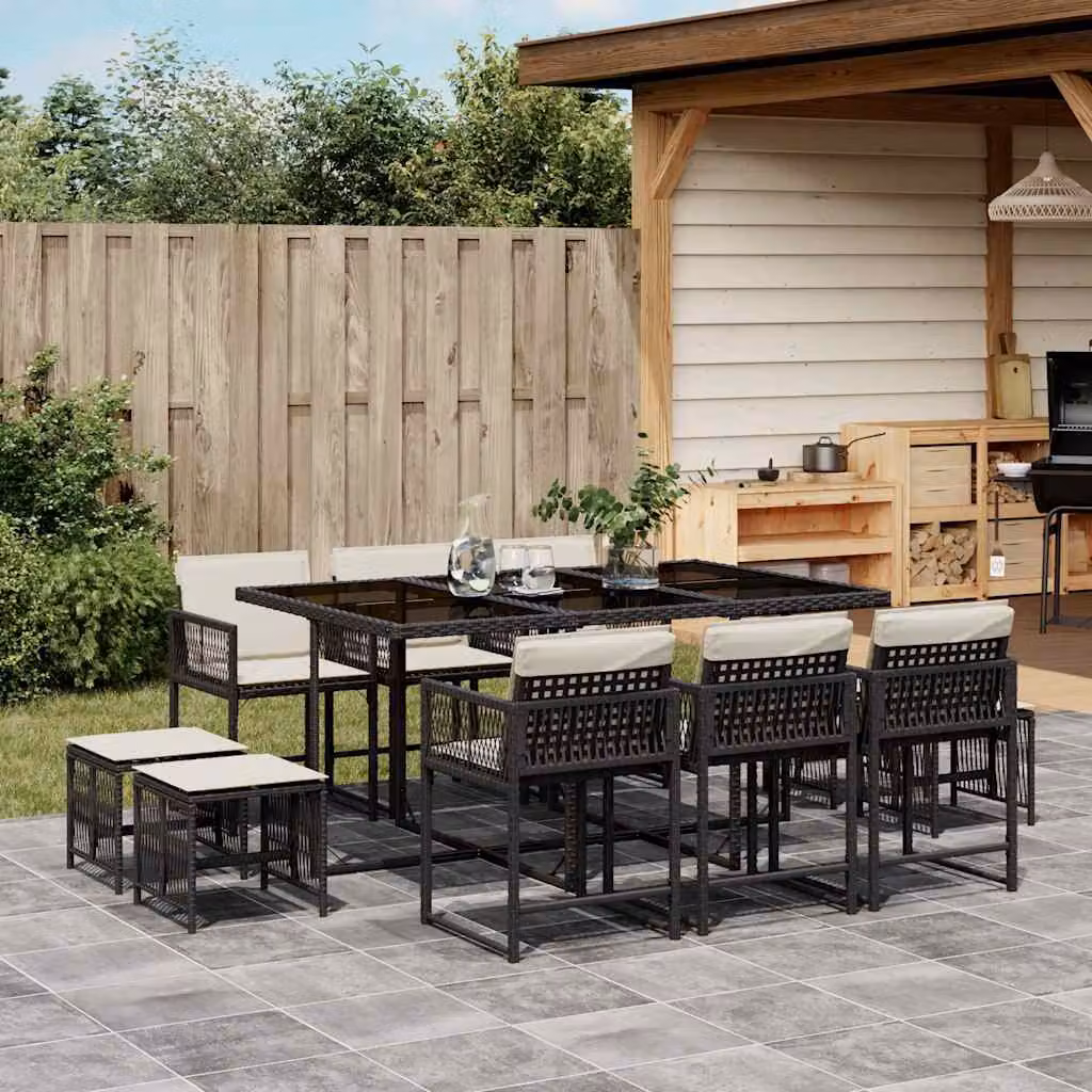 vidaXL Set da Pranzo da Giardino Moderno in Polyrattan e Metallo con Cuscini e Tavolo in Vetro Nero e Bianco, 11 pz