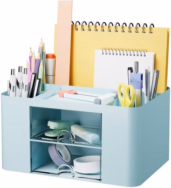 Organizer da ufficio a 5 scomparti, blu, con 2 cassetti, per la casa e la scuola
