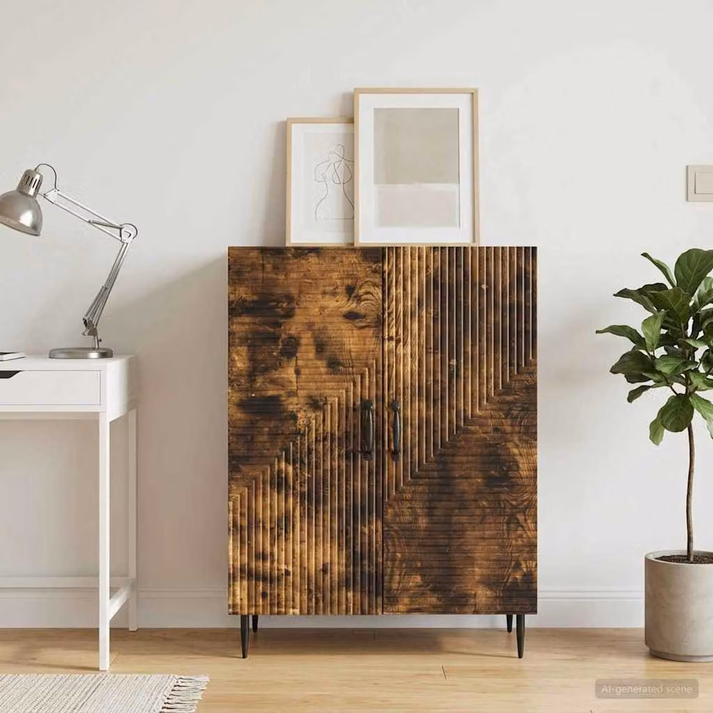 Credenza moderna vidaXL in legno ingegnerizzato e metallo, colore Rovere Fumo e Nero, L 66 x P 34,5 x H 89,5 cm