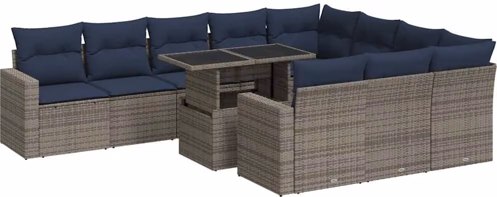 Set Divani da Giardino 11 pz con Cuscini Polyrattan Acacia Grigio