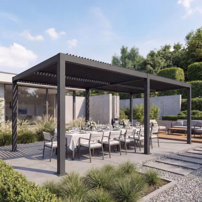 Pergola HWC-L46, padiglione da giardino a doghe, telaio in alluminio da 11 cm, grondaia antipioggia, 3x6 m ~ antracite