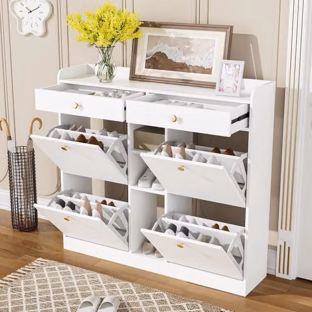 Scarpiera REDOM Bianca in MDF con 4 ante ribaltabili e cassetti L: 110 cm, P: 26 cm, H: 100 cm