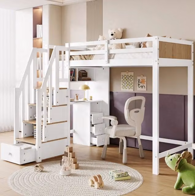 Letto a soppalco ULEVR 90x200 cm con scrivania, 3 cassetti, scala contenitore e ripiano aperto, bianco e naturale