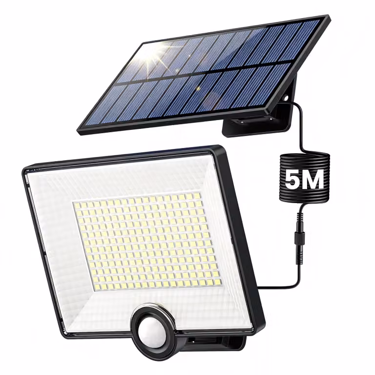 Lampada solare da esterno con sensore di movimento, 204 LED, 2000 lumen, grado di protezione IP65, confezione singola.