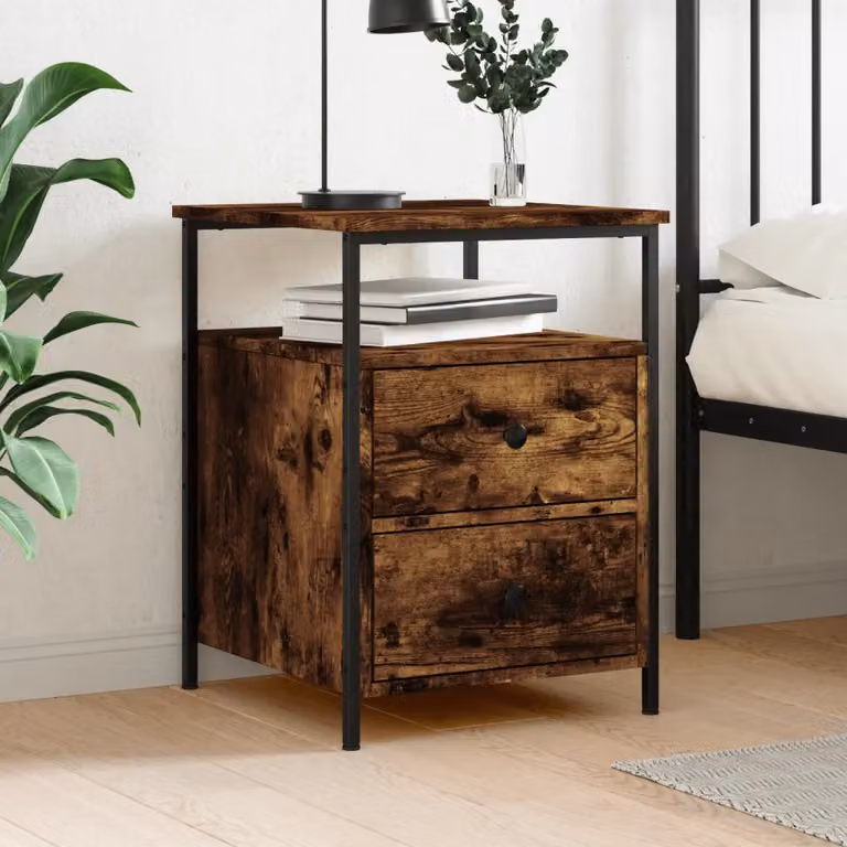 Comodino vidaXL in Legno Rovere Fumo e Metallo, Stile Industrial, L 44 cm x P 45 cm x H 60 cm