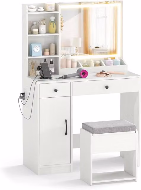Tavolo da trucco con sgabello con stazione di ricarica, Tavolo da toeletta con specchio illuminato Bianco