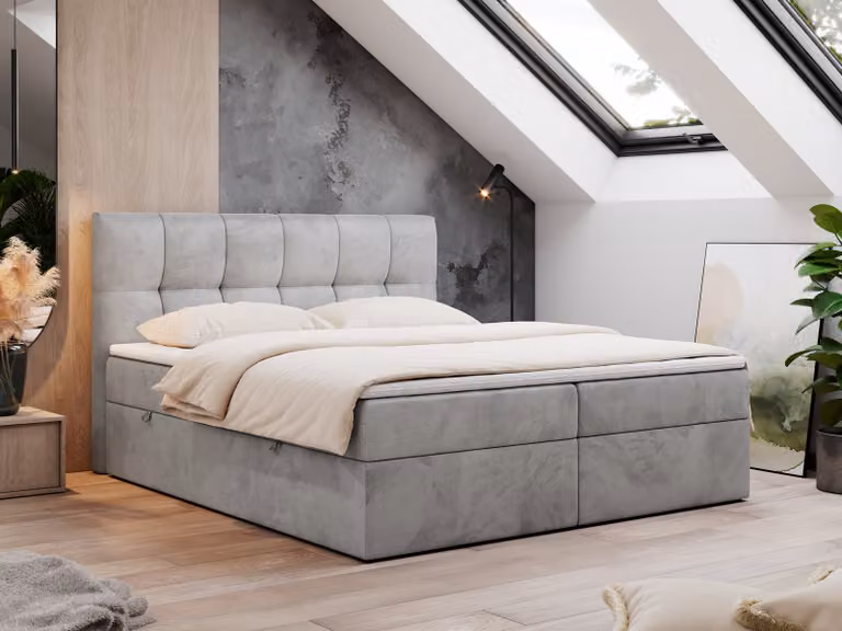 Letto boxspring 160x200 con contenitore, letto con materasso Multipocket - H4 Topper, letto imbottito 160x200 con contenitore e testiera, letto boxspring con materasso H4 - RICO - 160x200 - Grigio chiaro - Velvet - H4